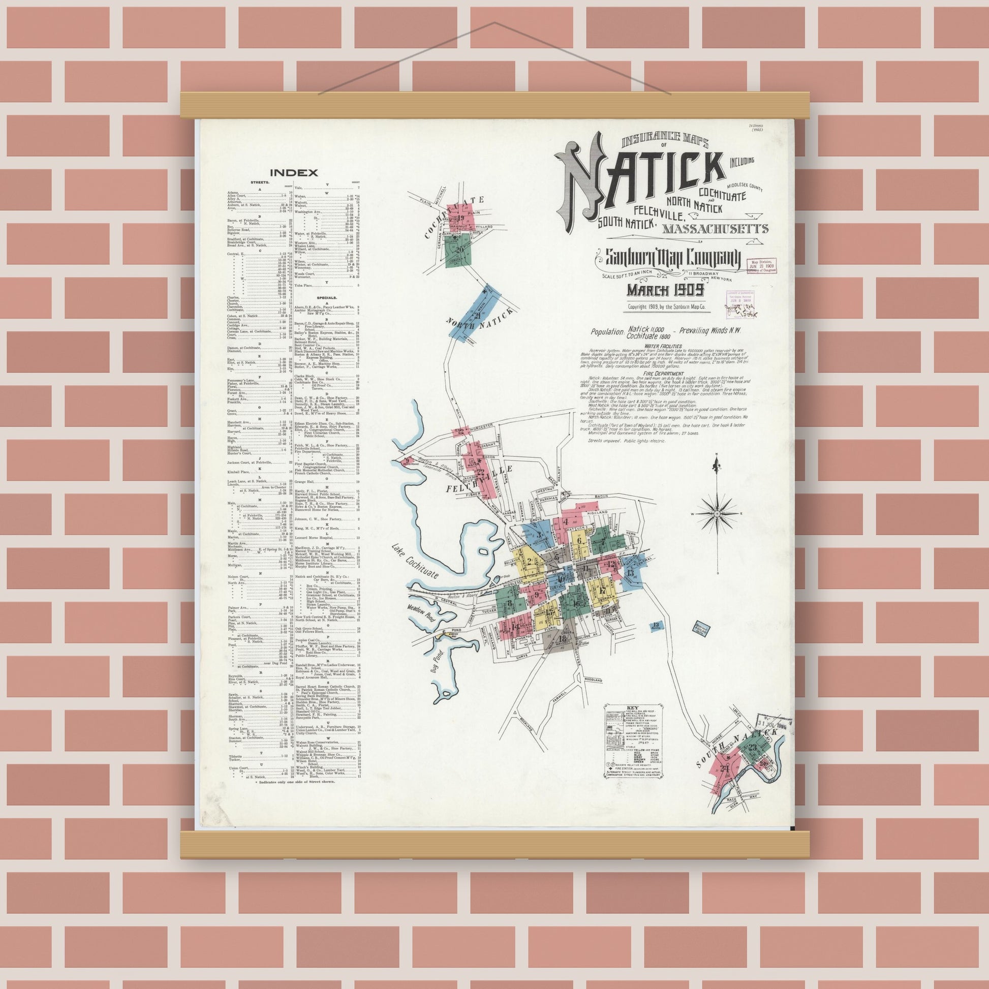 Old map wall art mockup — magnetic wood frame on brick wall — Sanborn Fire Insurance Map from Natick, Middlesex County, Massachusetts (1909), Sheet #0001
