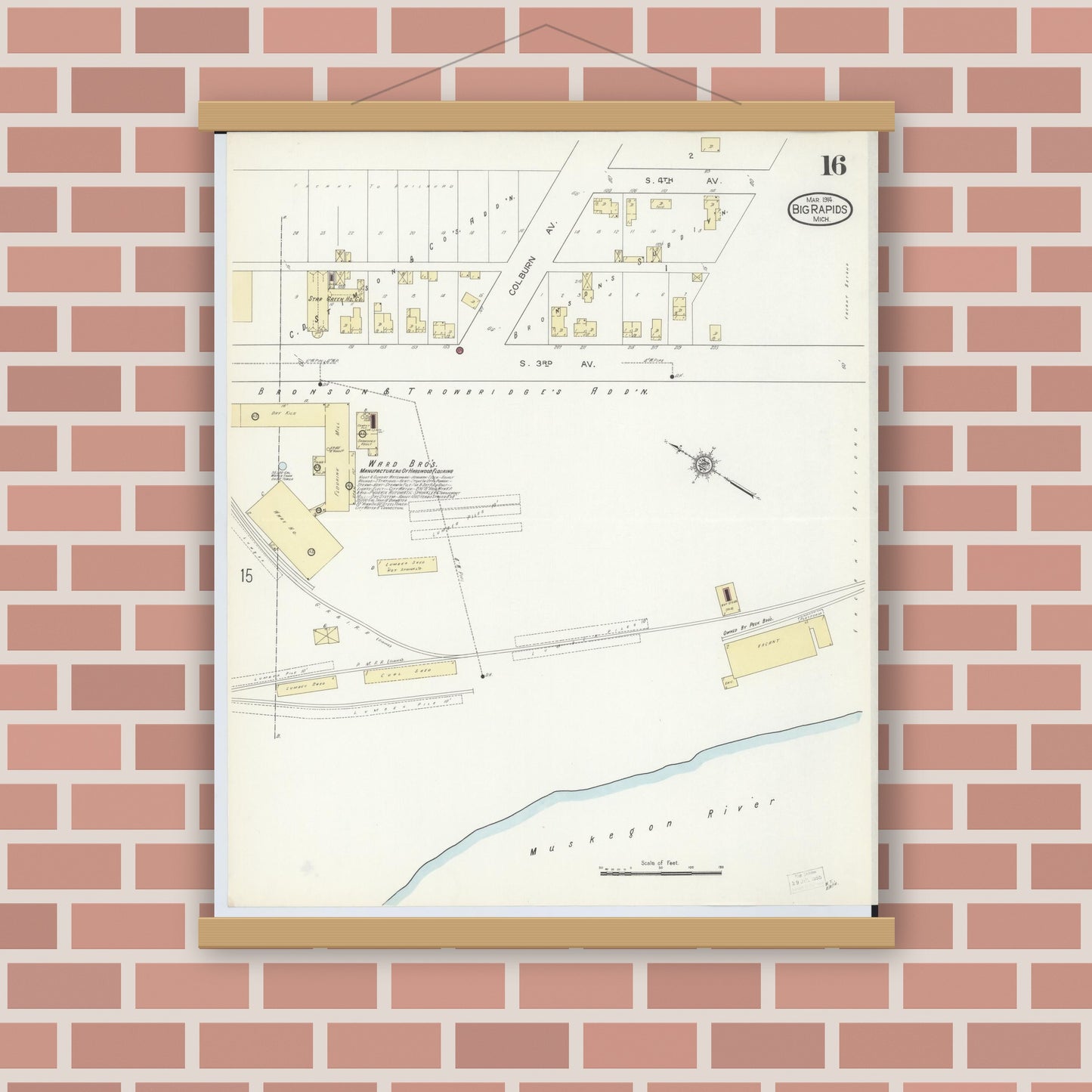 Old map wall art mockup — magnetic wood frame on brick wall — Sanborn Fire Insurance Map from Big Rapids, Mecosta County, Michigan (1914), Sheet #0016