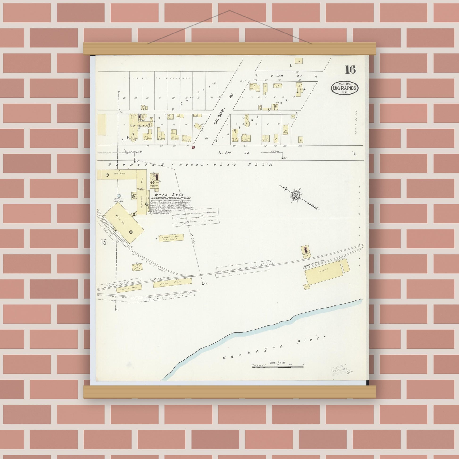 Old map wall art mockup — magnetic wood frame on brick wall — Sanborn Fire Insurance Map from Big Rapids, Mecosta County, Michigan (1914), Sheet #0016