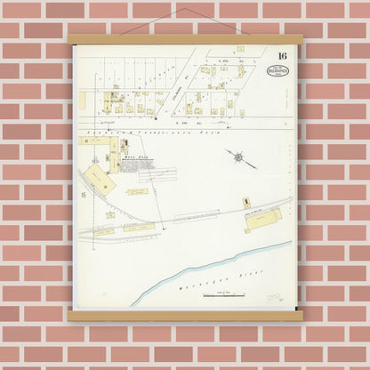 Old map wall art mockup — magnetic wood frame on brick wall — Sanborn Fire Insurance Map from Big Rapids, Mecosta County, Michigan (1914), Sheet #0016