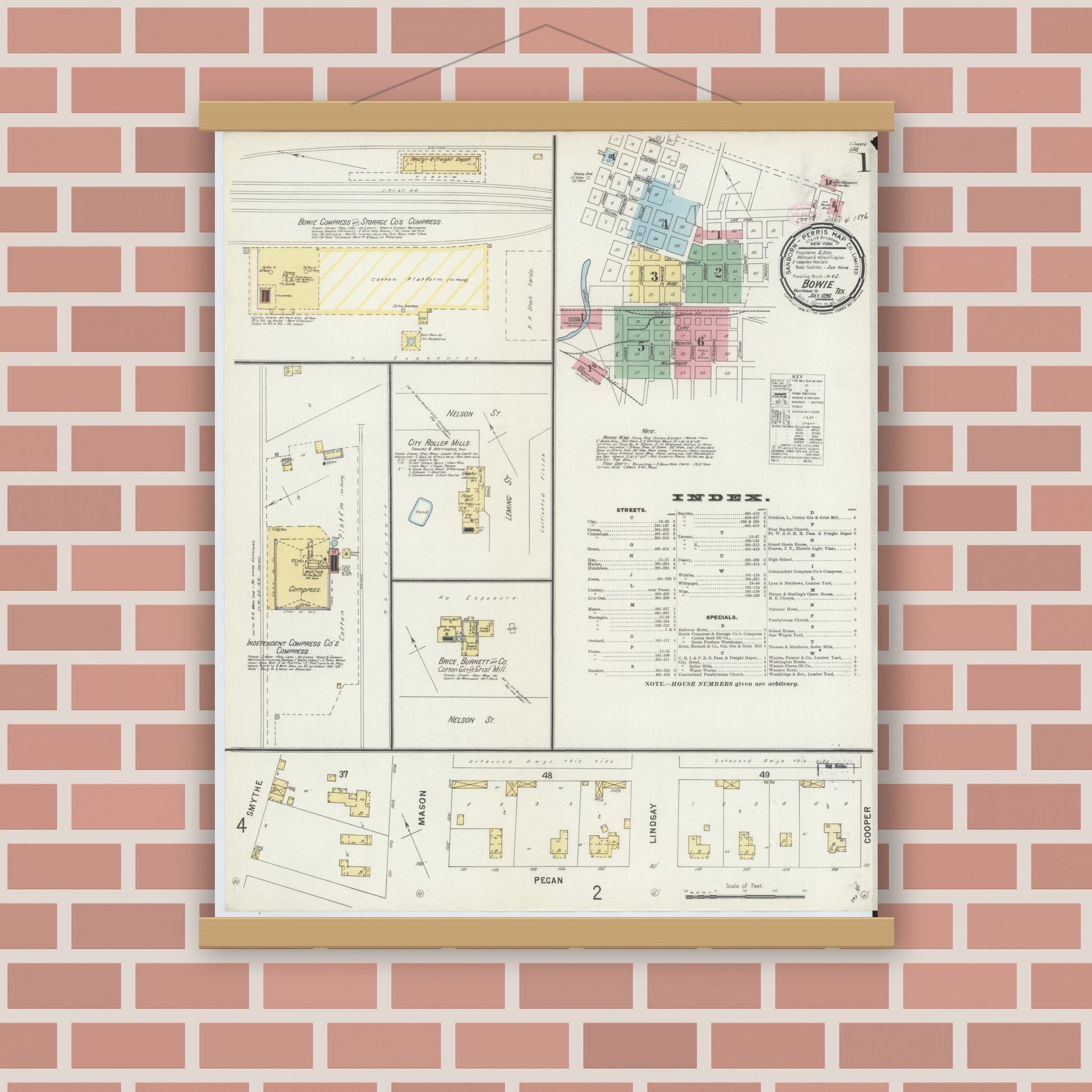 Old map wall art mockup — magnetic wood frame on brick wall — Sanborn Fire Insurance Map from Bowie, Montague County, Texas (1896), Sheet #0001