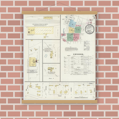 Old map wall art mockup — magnetic wood frame on brick wall — Sanborn Fire Insurance Map from Bowie, Montague County, Texas (1896), Sheet #0001