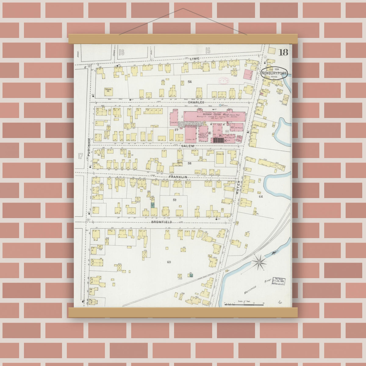 Old map wall art mockup — magnetic wood frame on brick wall — Sanborn Fire Insurance Map from Newburyport, Essex County, Massachusetts (1894), Sheet #0018