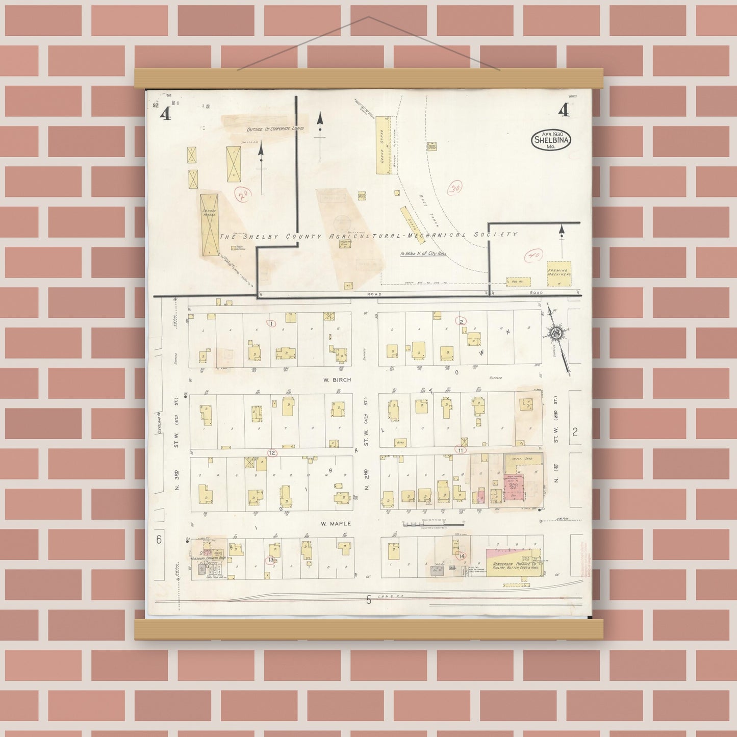 Old map wall art mockup — magnetic wood frame on brick wall — Sanborn Fire Insurance Map from Shelbina, Shelby County, Missouri (1943), Sheet #0004