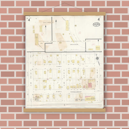 Old map wall art mockup — magnetic wood frame on brick wall — Sanborn Fire Insurance Map from Shelbina, Shelby County, Missouri (1943), Sheet #0004