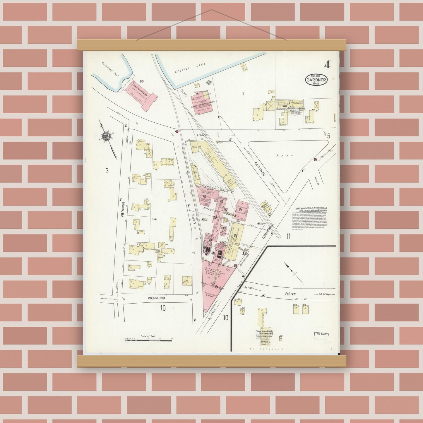 Old map wall art mockup — magnetic wood frame on brick wall — Sanborn Fire Insurance Map from Gardner, Worcester County, Massachusetts (1914), Sheet #0004
