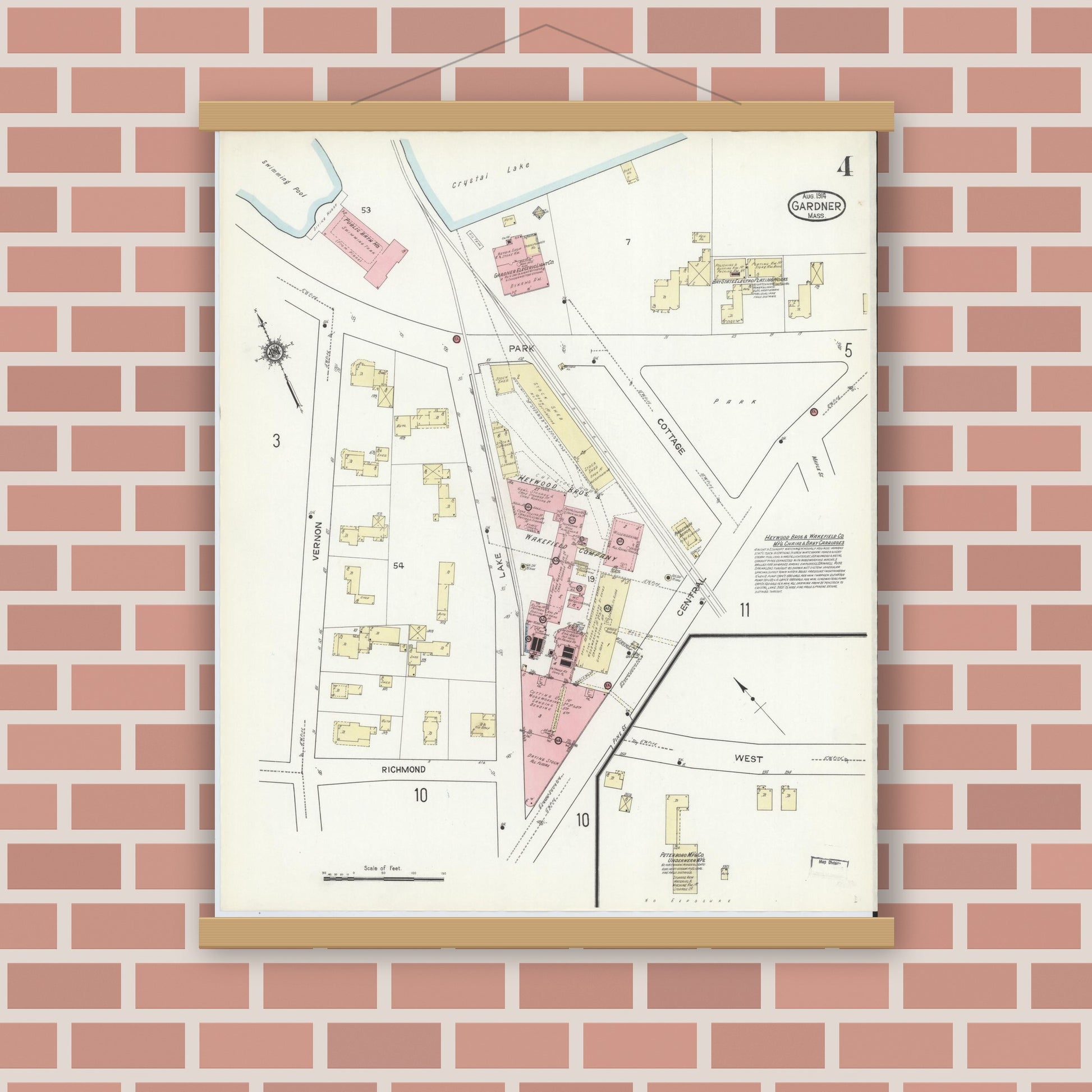 Old map wall art mockup — magnetic wood frame on brick wall — Sanborn Fire Insurance Map from Gardner, Worcester County, Massachusetts (1914), Sheet #0004