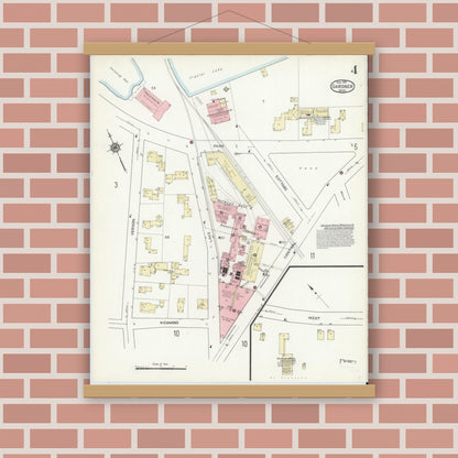 Old map wall art mockup — magnetic wood frame on brick wall — Sanborn Fire Insurance Map from Gardner, Worcester County, Massachusetts (1914), Sheet #0004