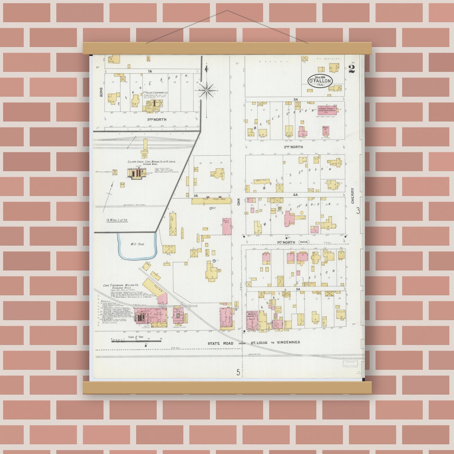 Old map wall art mockup — magnetic wood frame on brick wall — Sanborn Fire Insurance Map from O'Fallon, Saint Clair County, Illinois (1906), Sheet #0002