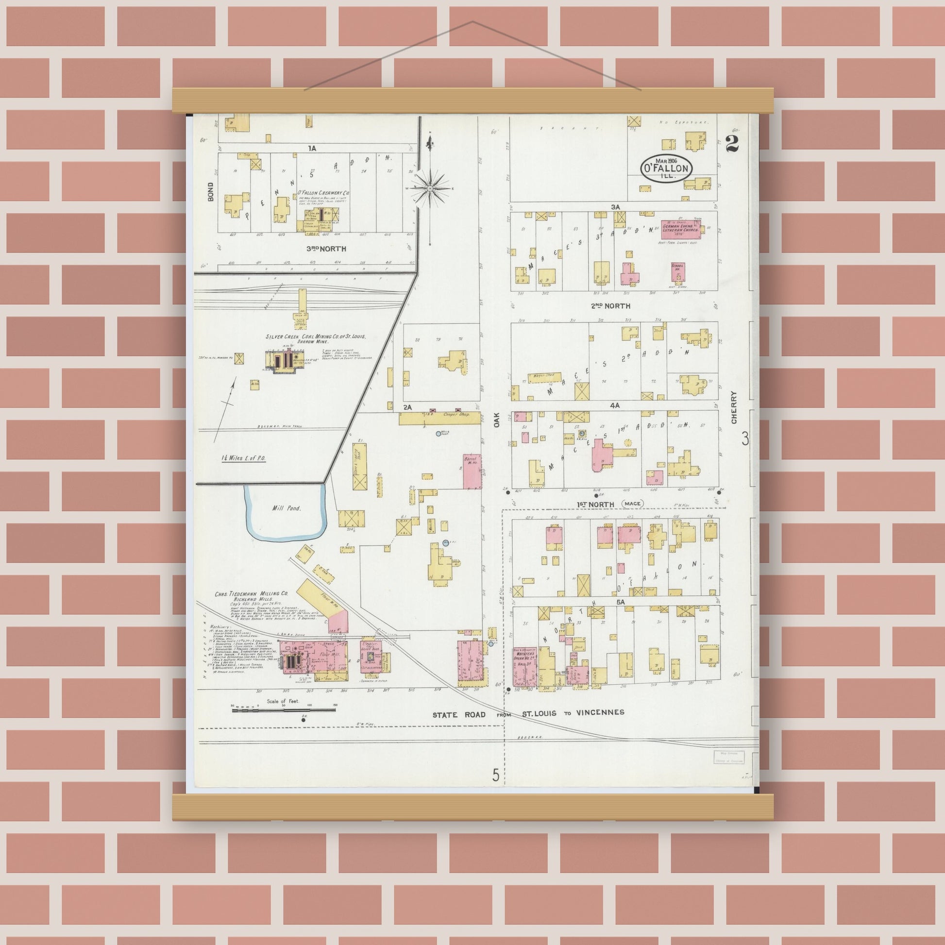 Old map wall art mockup — magnetic wood frame on brick wall — Sanborn Fire Insurance Map from O'Fallon, Saint Clair County, Illinois (1906), Sheet #0002
