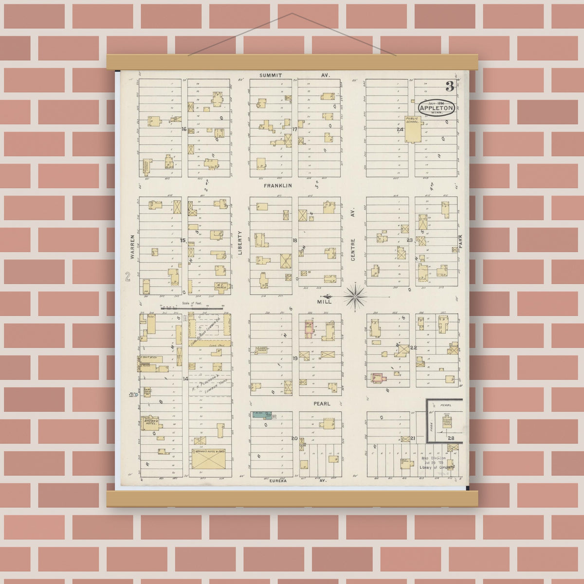 Old map wall art mockup — magnetic wood frame on brick wall — Sanborn Fire Insurance Map from Appleton, Swift County, Minnesota (1894), Sheet #0003