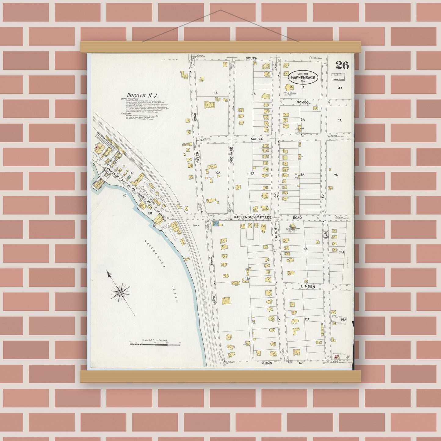 Old map wall art mockup — magnetic wood frame on brick wall — Sanborn Fire Insurance Map from Hackensack, Bergen County, New Jersey (1908), Sheet #0026