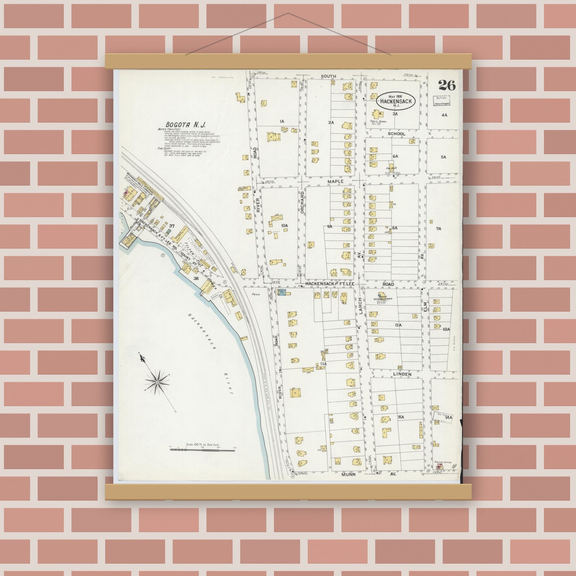 Old map wall art mockup — magnetic wood frame on brick wall — Sanborn Fire Insurance Map from Hackensack, Bergen County, New Jersey (1908), Sheet #0026