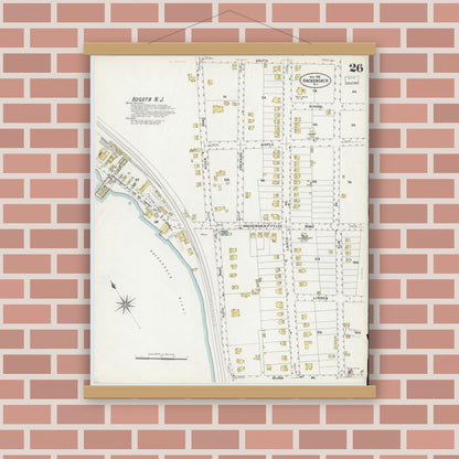 Old map wall art mockup — magnetic wood frame on brick wall — Sanborn Fire Insurance Map from Hackensack, Bergen County, New Jersey (1908), Sheet #0026