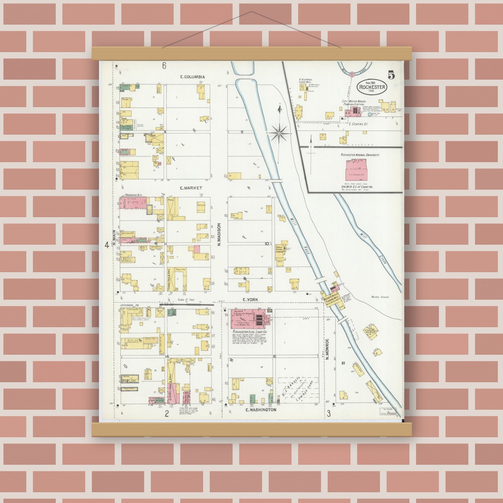 Old map wall art mockup — magnetic wood frame on brick wall — Sanborn Fire Insurance Map from Rochester, Fulton County, Indiana (1901), Sheet #0005