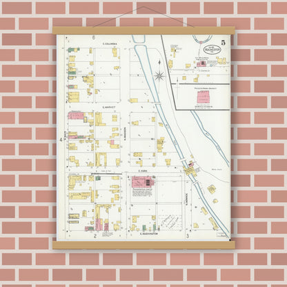 Old map wall art mockup — magnetic wood frame on brick wall — Sanborn Fire Insurance Map from Rochester, Fulton County, Indiana (1901), Sheet #0005