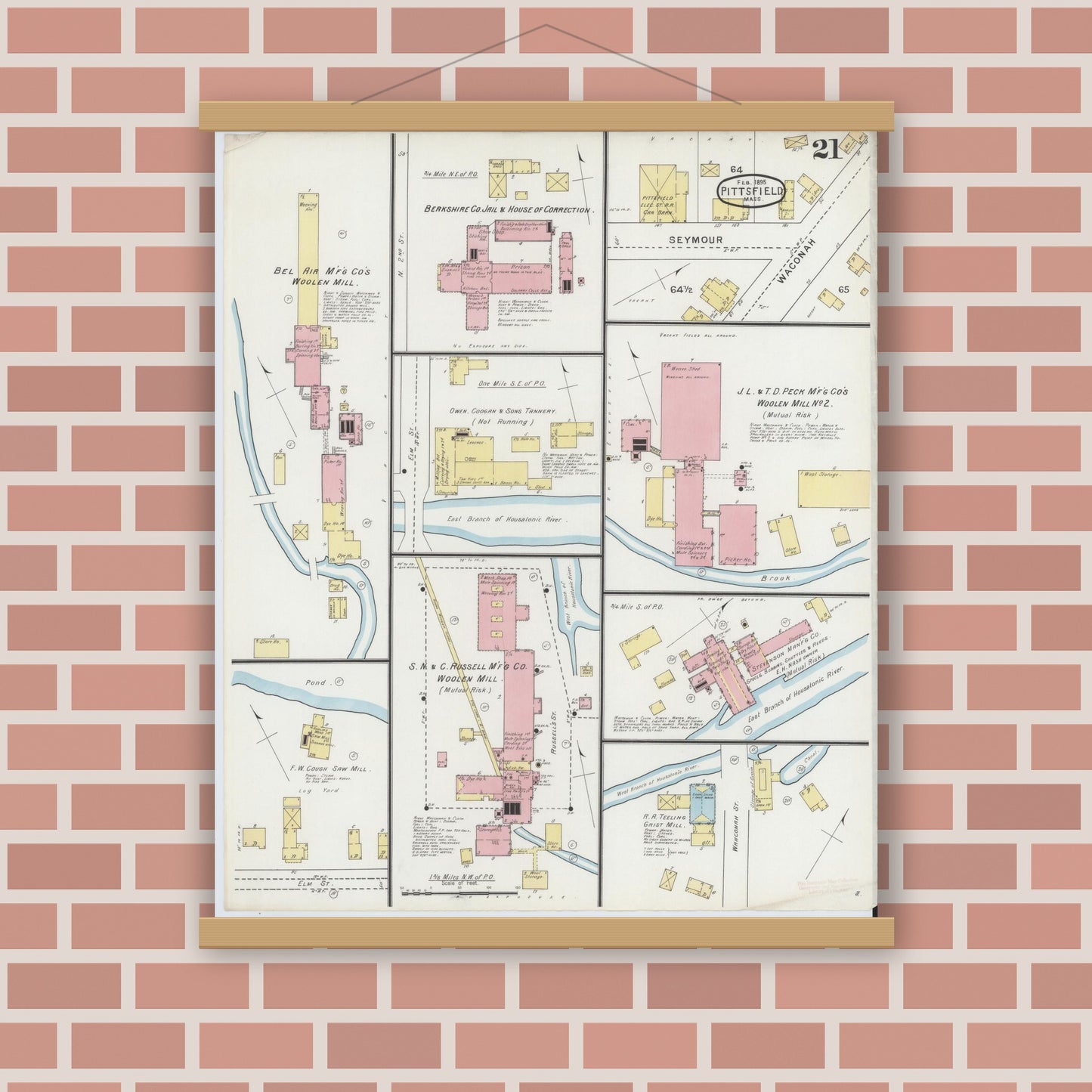 Old map wall art mockup — magnetic wood frame on brick wall — Sanborn Fire Insurance Map from Pittsfield, Berkshire County, Massachusetts (1895), Sheet #0021