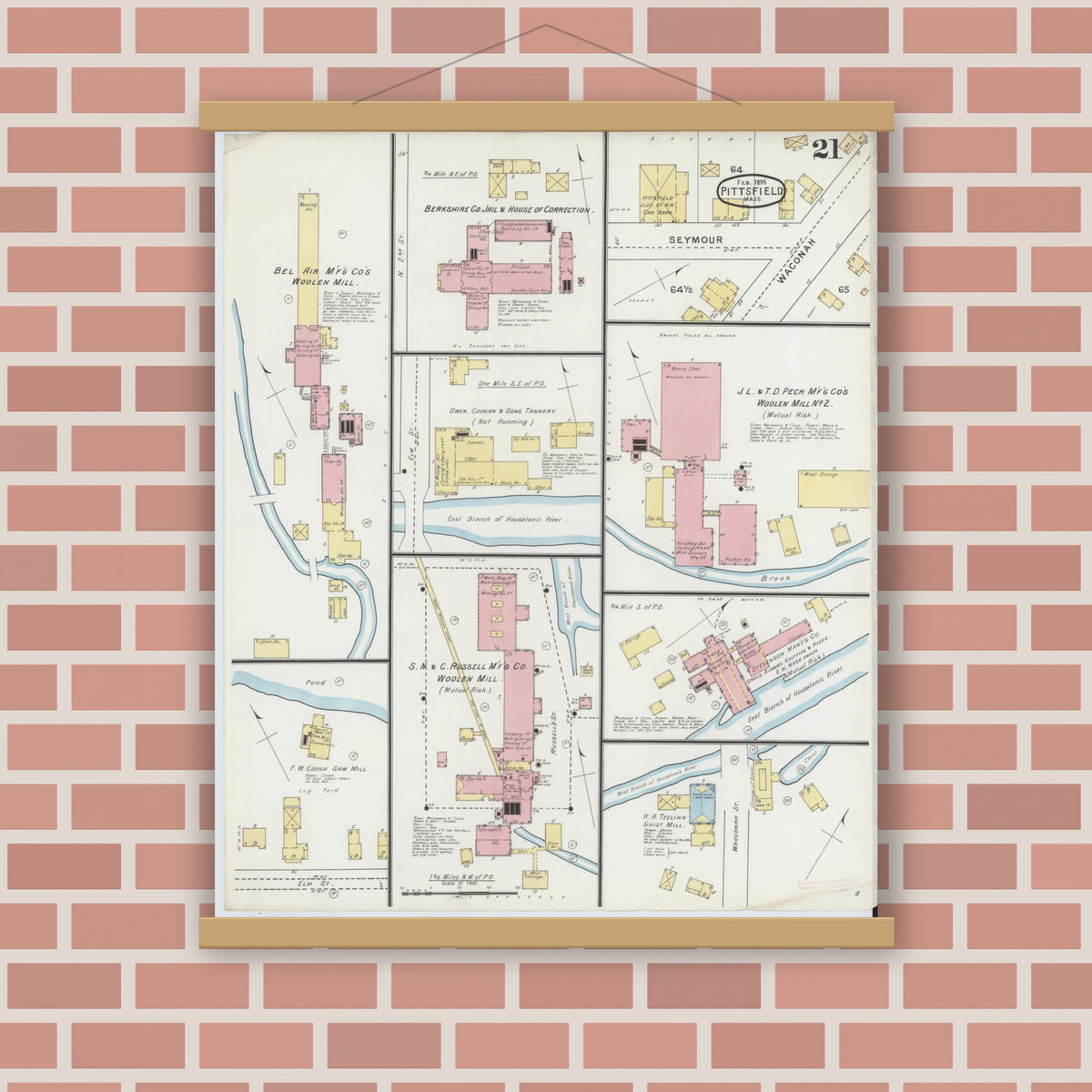 Old map wall art mockup — magnetic wood frame on brick wall — Sanborn Fire Insurance Map from Pittsfield, Berkshire County, Massachusetts (1895), Sheet #0021