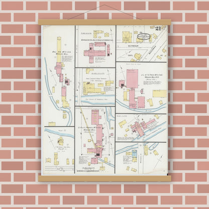 Old map wall art mockup — magnetic wood frame on brick wall — Sanborn Fire Insurance Map from Pittsfield, Berkshire County, Massachusetts (1895), Sheet #0021