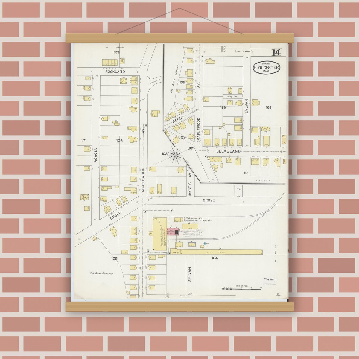 Old map wall art mockup — magnetic wood frame on brick wall — Sanborn Fire Insurance Map from Gloucester, Essex County, Massachusetts (1892), Sheet #0014