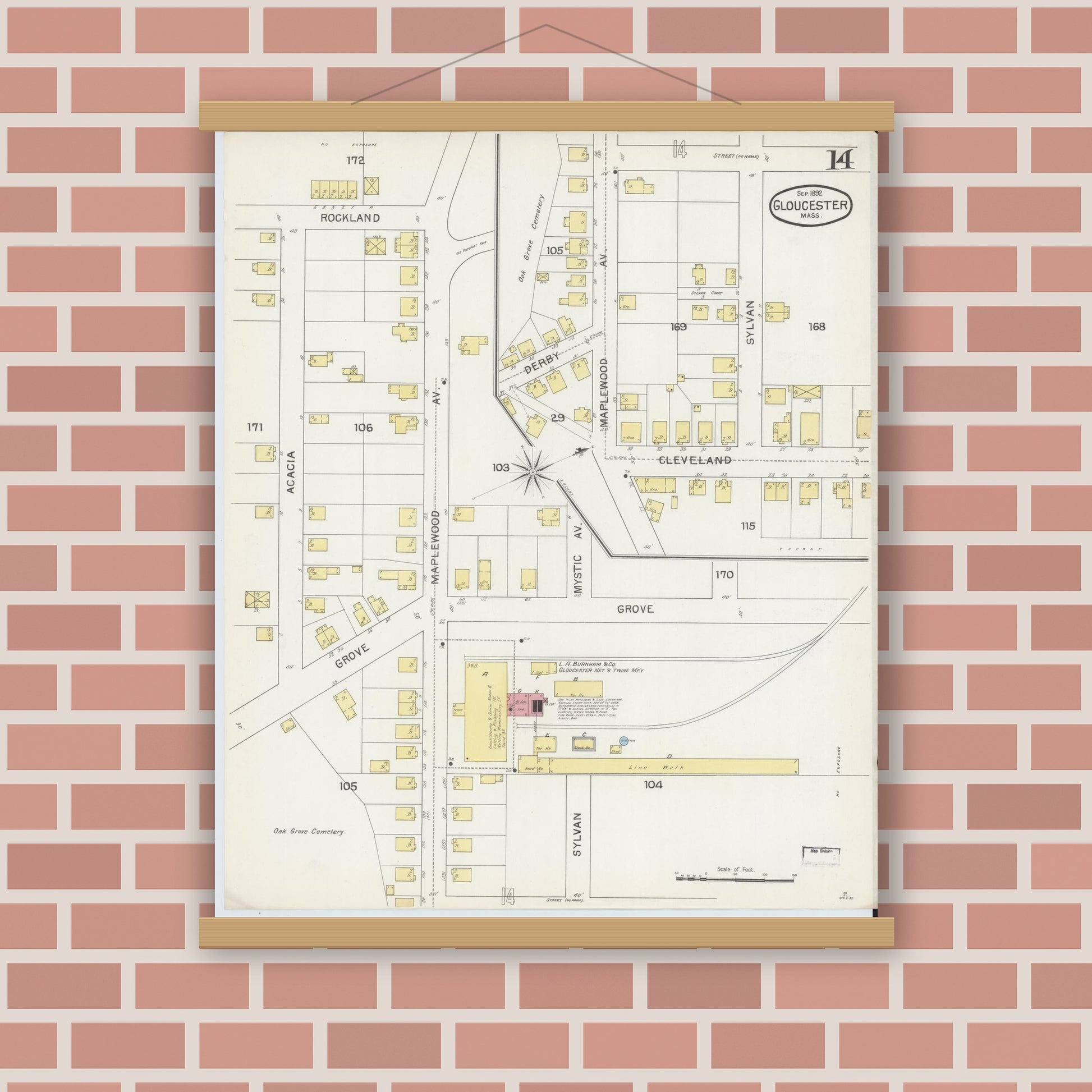 Old map wall art mockup — magnetic wood frame on brick wall — Sanborn Fire Insurance Map from Gloucester, Essex County, Massachusetts (1892), Sheet #0014