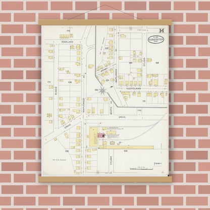 Old map wall art mockup — magnetic wood frame on brick wall — Sanborn Fire Insurance Map from Gloucester, Essex County, Massachusetts (1892), Sheet #0014