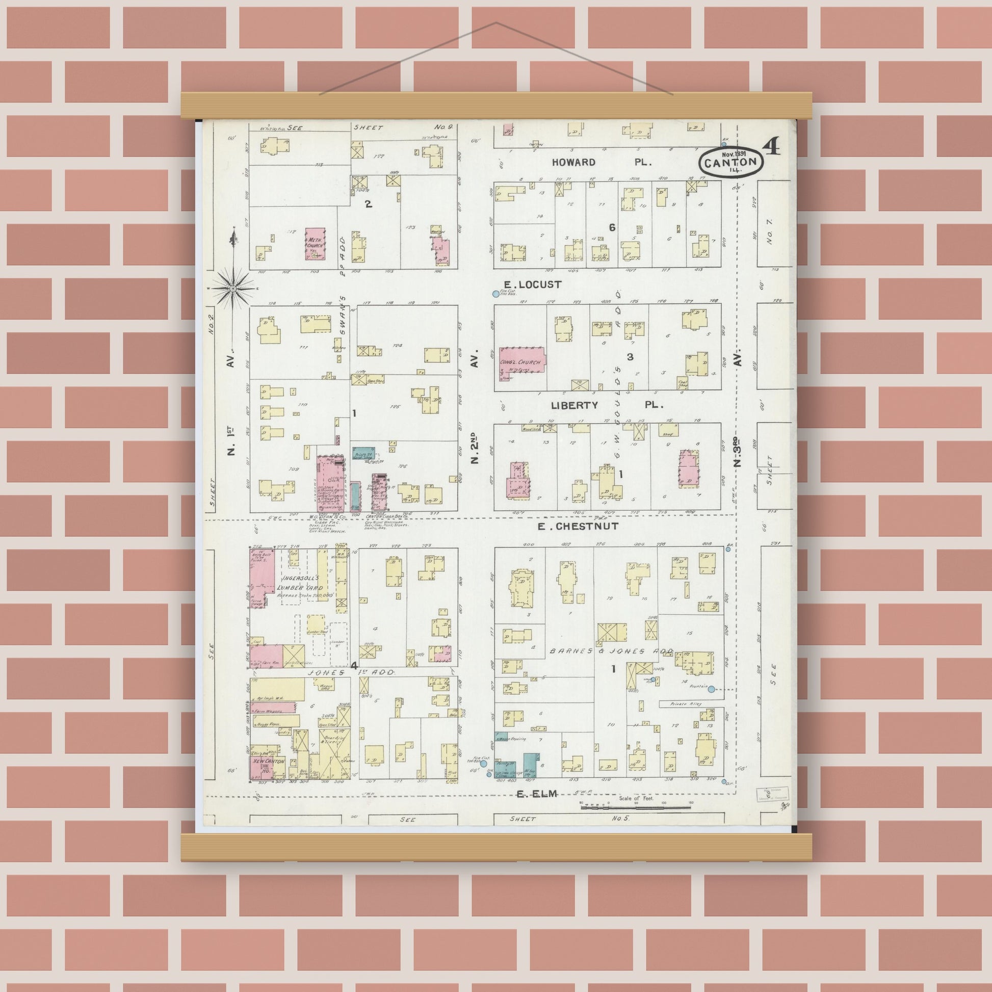 Old map wall art mockup — magnetic wood frame on brick wall — Sanborn Fire Insurance Map from Canton, Fulton County, Illinois (1891), Sheet #0004