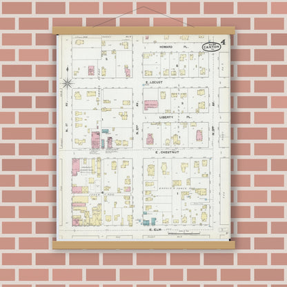 Old map wall art mockup — magnetic wood frame on brick wall — Sanborn Fire Insurance Map from Canton, Fulton County, Illinois (1891), Sheet #0004