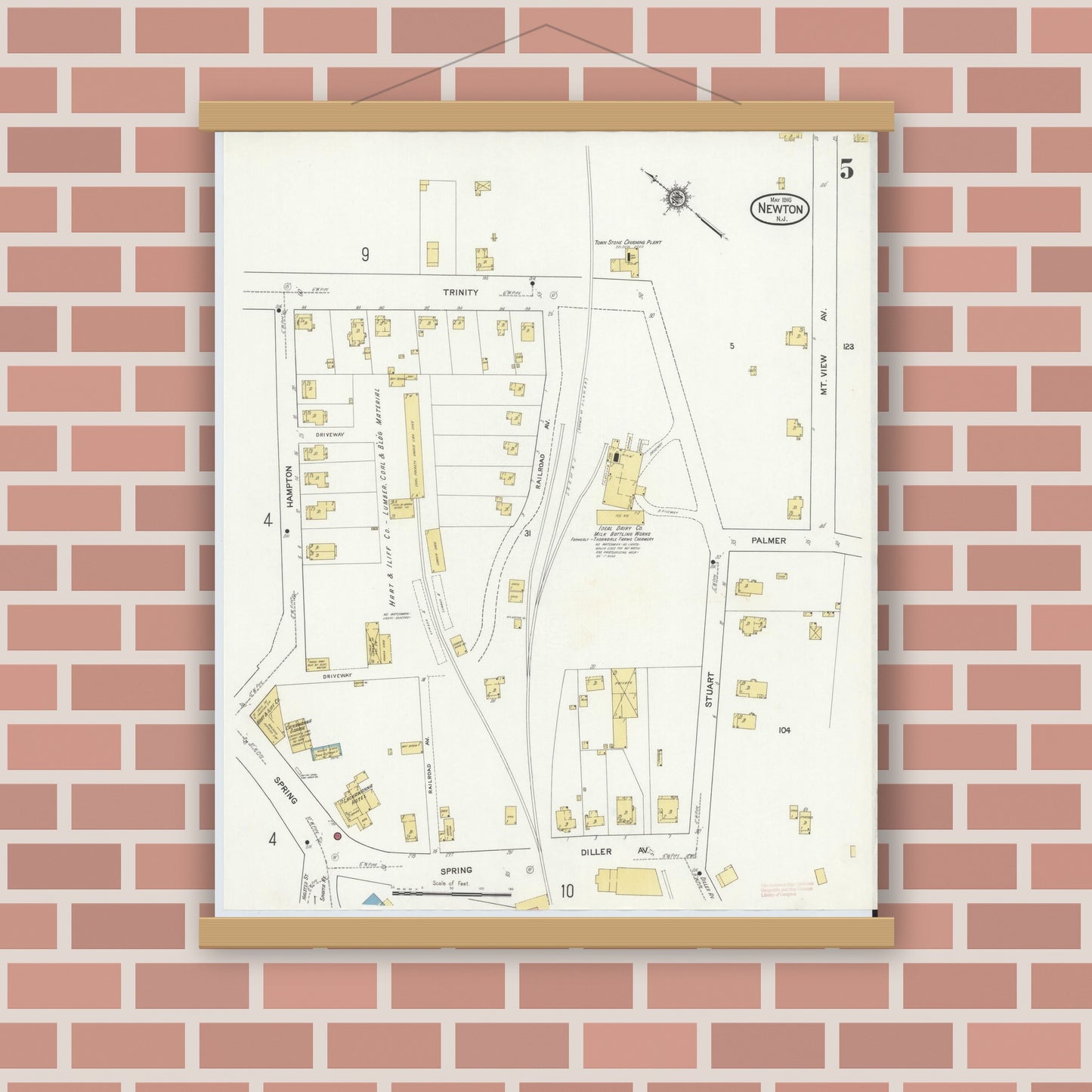Old map wall art mockup — magnetic wood frame on brick wall — Sanborn Fire Insurance Map from Newton, Sussex County, New Jersey (1916), Sheet #0005