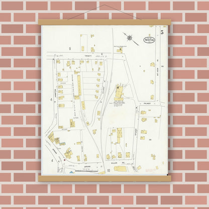 Old map wall art mockup — magnetic wood frame on brick wall — Sanborn Fire Insurance Map from Newton, Sussex County, New Jersey (1916), Sheet #0005
