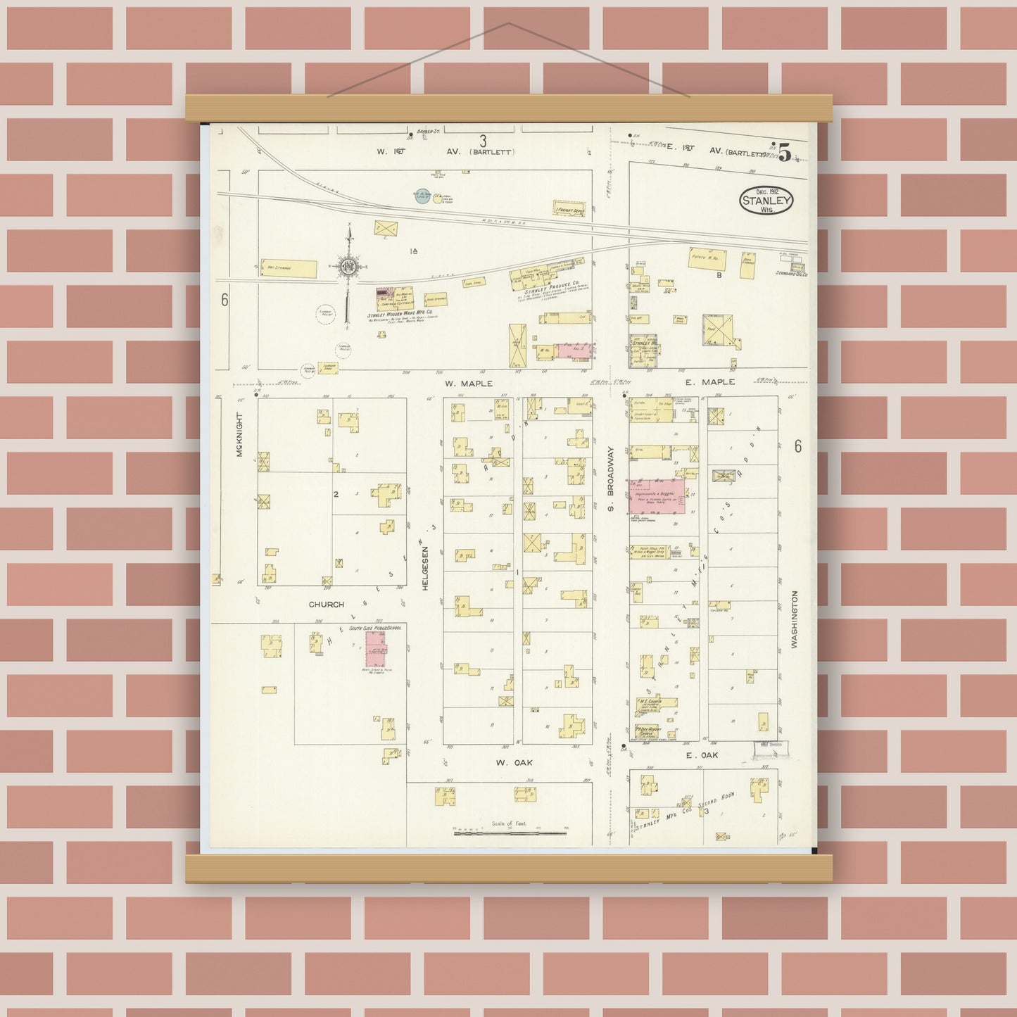 Old map wall art mockup — magnetic wood frame on brick wall — Sanborn Fire Insurance Map from Stanley, Chippewa County, Wisconsin (1912), Sheet #0005