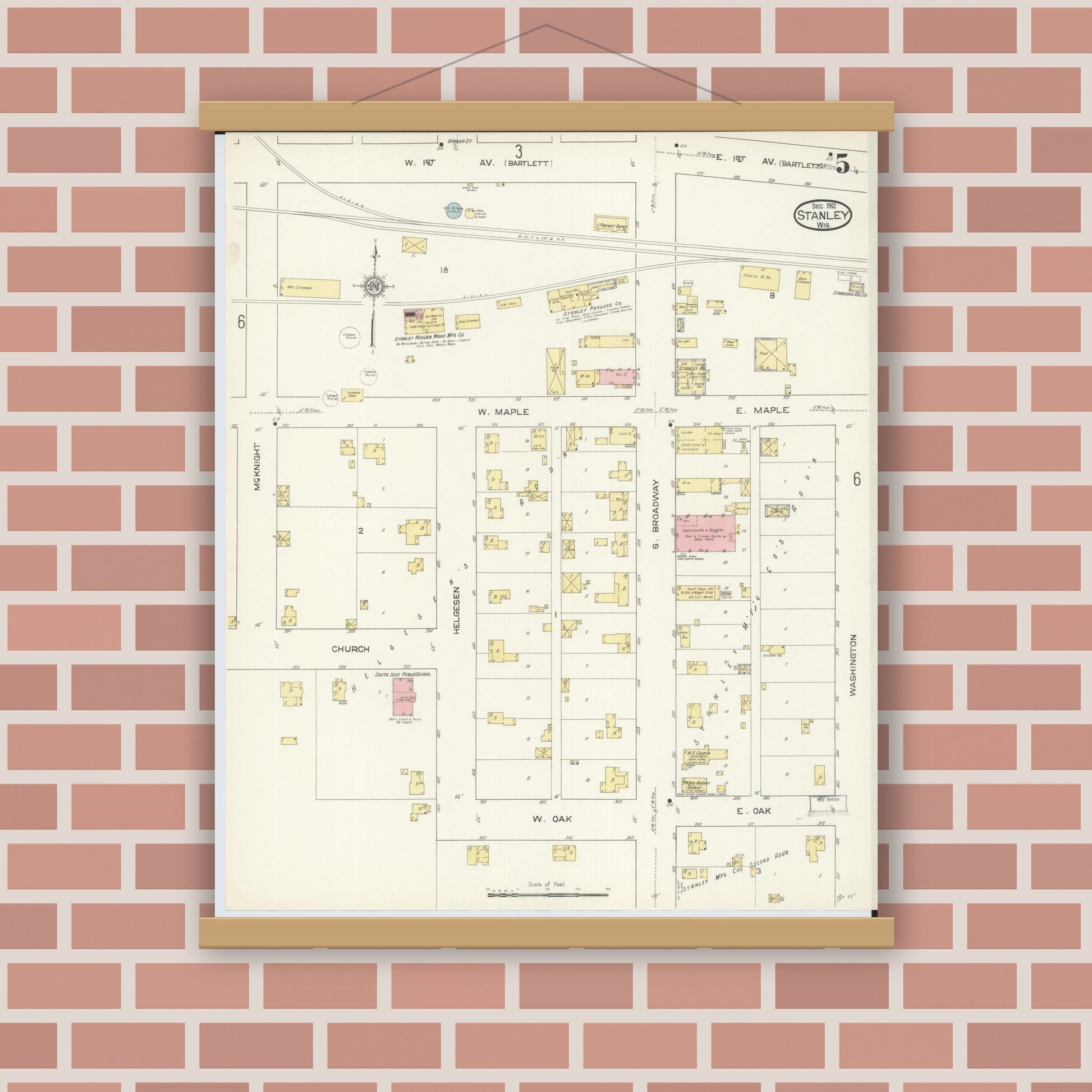 Old map wall art mockup — magnetic wood frame on brick wall — Sanborn Fire Insurance Map from Stanley, Chippewa County, Wisconsin (1912), Sheet #0005