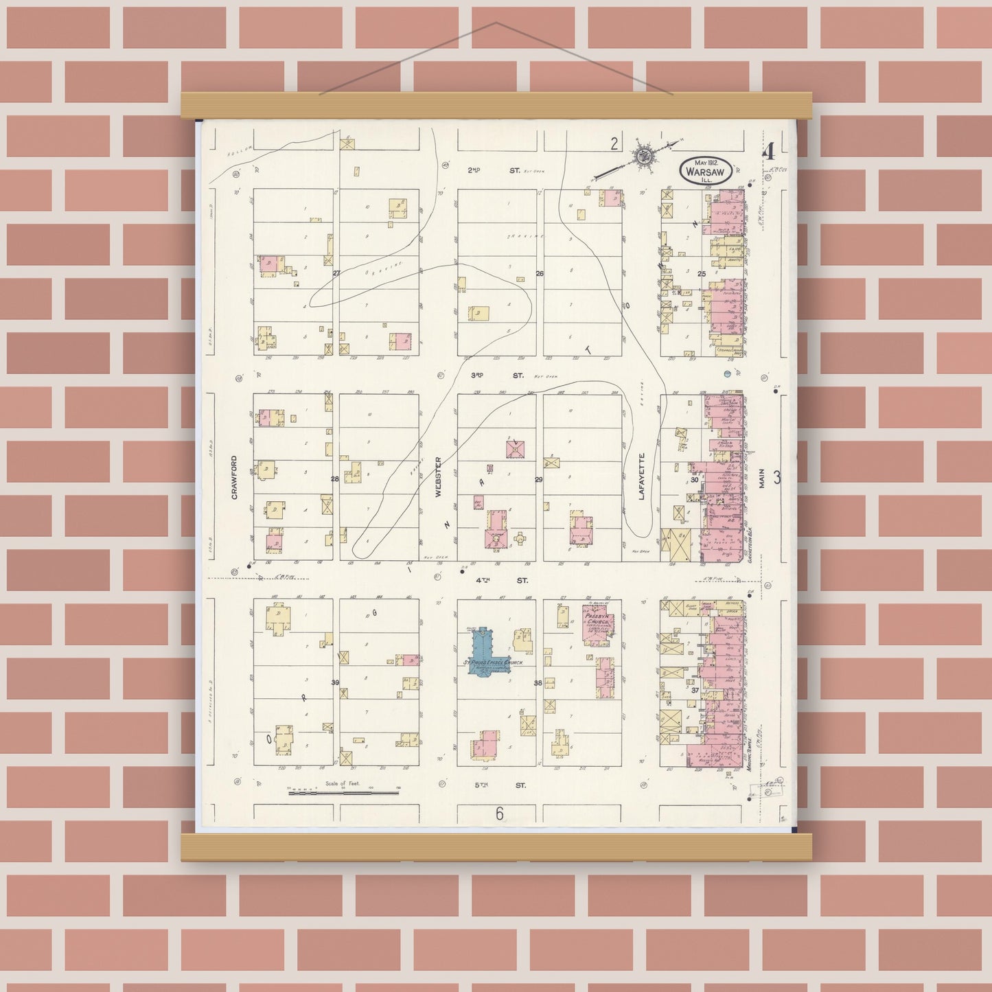 Old map wall art mockup — magnetic wood frame on brick wall — Sanborn Fire Insurance Map from Warsaw, Hancock County, Illinois (1912), Sheet #0004