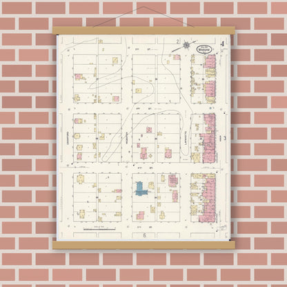 Old map wall art mockup — magnetic wood frame on brick wall — Sanborn Fire Insurance Map from Warsaw, Hancock County, Illinois (1912), Sheet #0004
