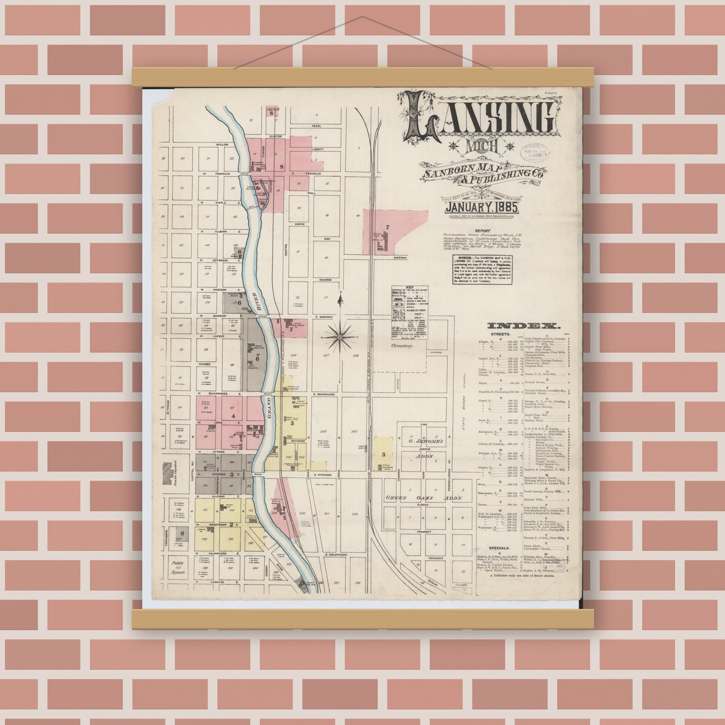 Old map wall art mockup — magnetic wood frame on brick wall — Sanborn Fire Insurance Map from Lansing, Ingham County, Michigan (1885) - Complete Map Set