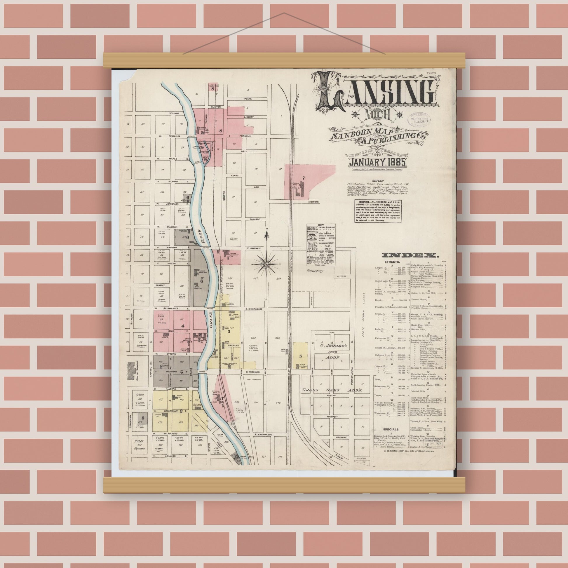 Old map wall art mockup — magnetic wood frame on brick wall — Sanborn Fire Insurance Map from Lansing, Ingham County, Michigan (1885) - Complete Map Set