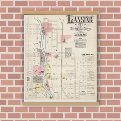 Old map wall art mockup — magnetic wood frame on brick wall — Sanborn Fire Insurance Map from Lansing, Ingham County, Michigan (1885) - Complete Map Set