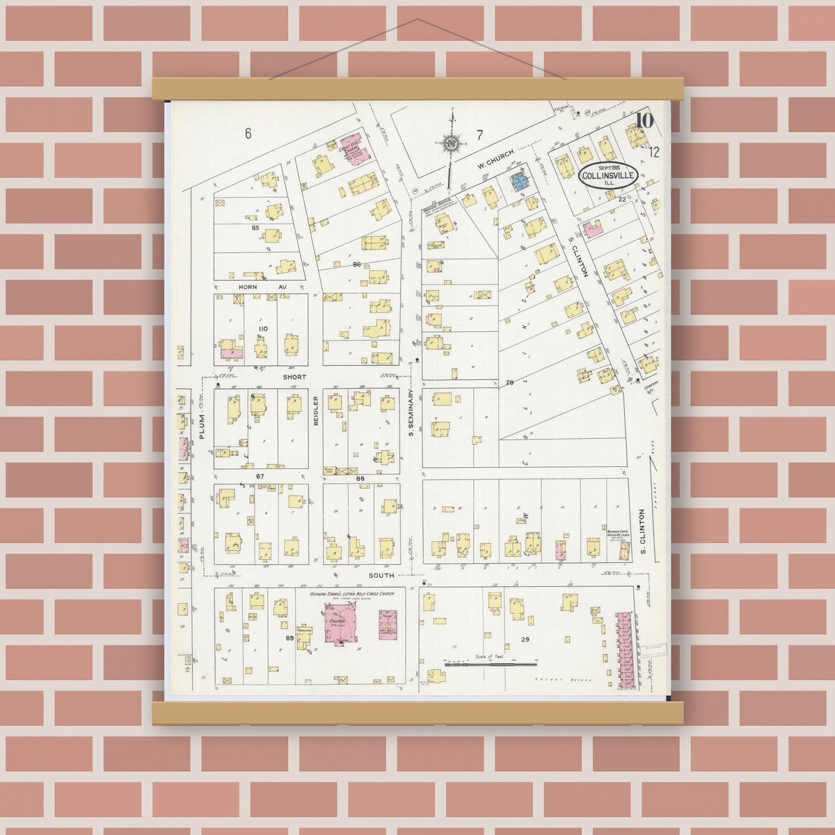 Old map wall art mockup — magnetic wood frame on brick wall — Sanborn Fire Insurance Map from Collinsville, Madison County, Illinois (1915), Sheet #0010