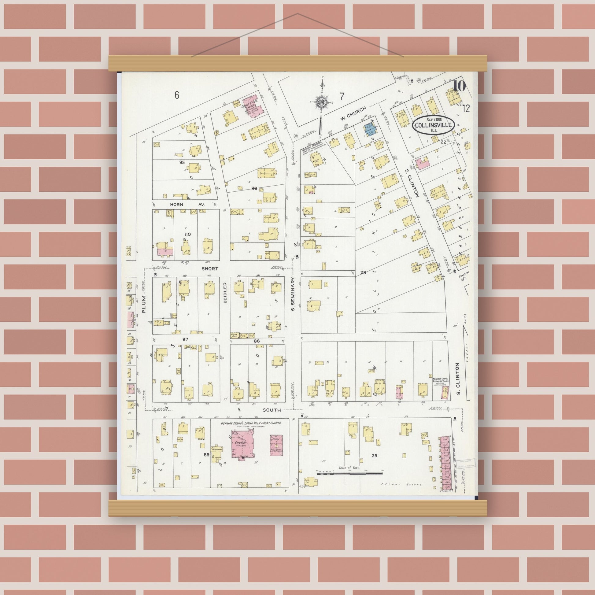 Old map wall art mockup — magnetic wood frame on brick wall — Sanborn Fire Insurance Map from Collinsville, Madison County, Illinois (1915), Sheet #0010