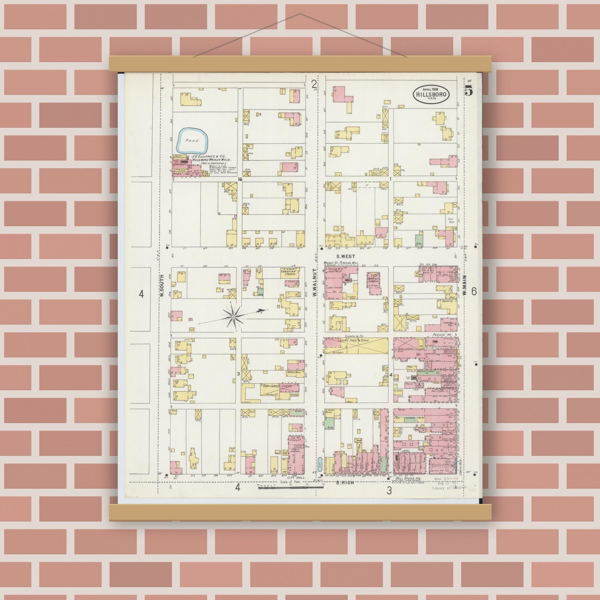 Old map wall art mockup — magnetic wood frame on brick wall — Sanborn Fire Insurance Map from Hillsboro, Highland County, Ohio (1898), Sheet #0005