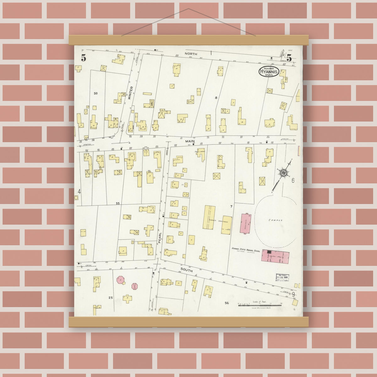 Old map wall art mockup — magnetic wood frame on brick wall — Sanborn Fire Insurance Map from Hyannis, Barnstable County, Massachusetts (1924), Sheet #0005