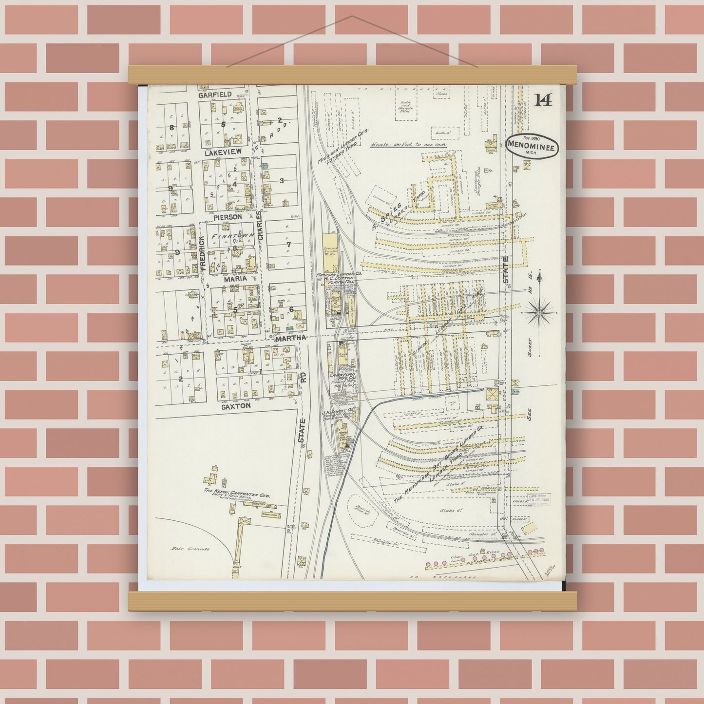 Old map wall art mockup — magnetic wood frame on brick wall — Sanborn Fire Insurance Map from Menominee, Menominee County, Michigan (1890), Sheet #0014