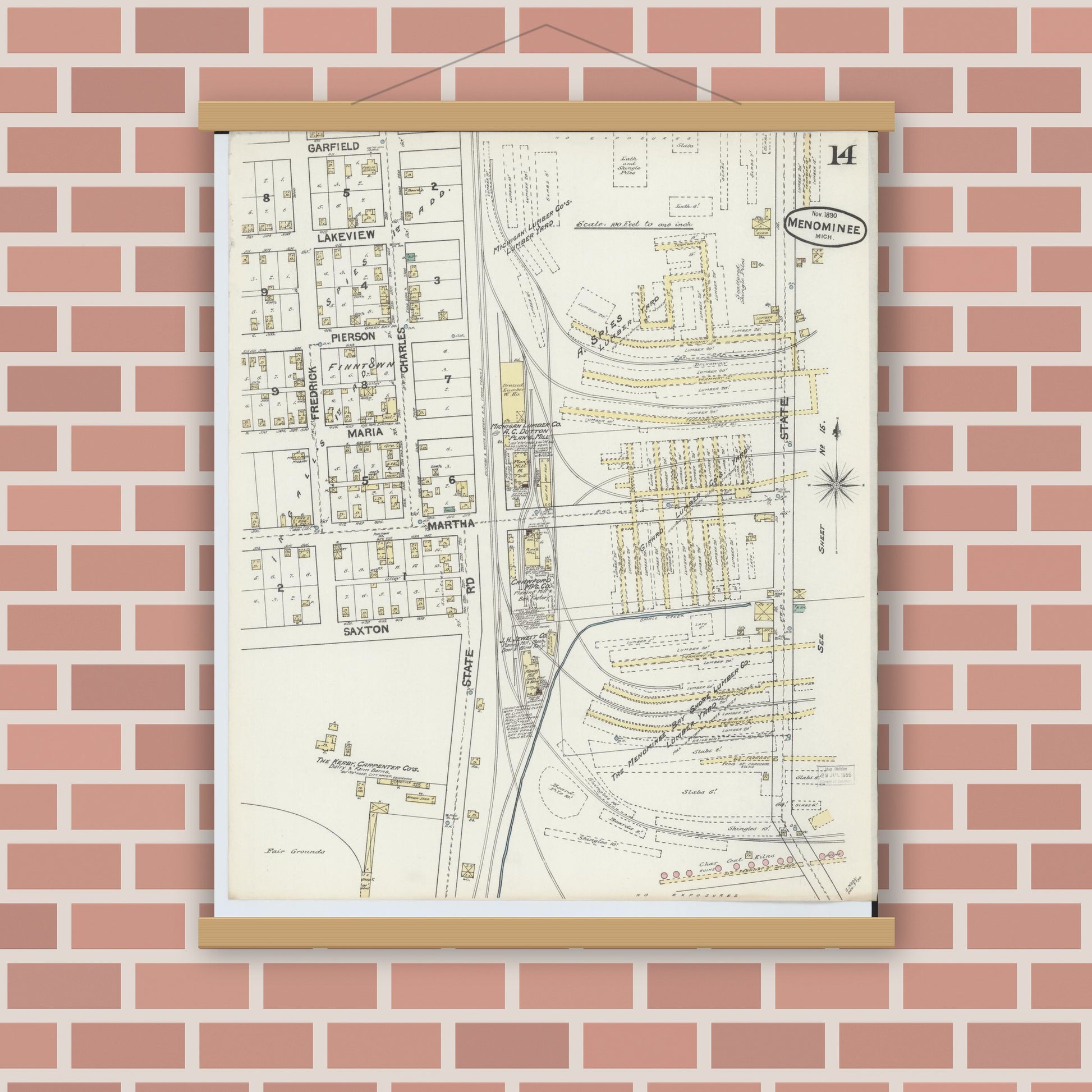 Old map wall art mockup — magnetic wood frame on brick wall — Sanborn Fire Insurance Map from Menominee, Menominee County, Michigan (1890), Sheet #0014