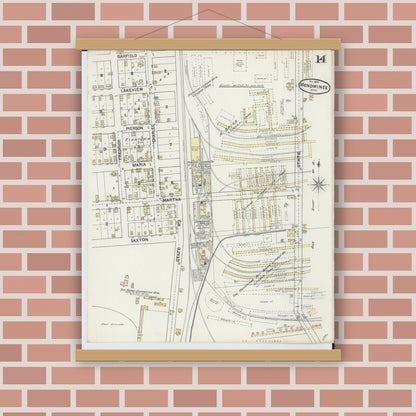 Old map wall art mockup — magnetic wood frame on brick wall — Sanborn Fire Insurance Map from Menominee, Menominee County, Michigan (1890), Sheet #0014