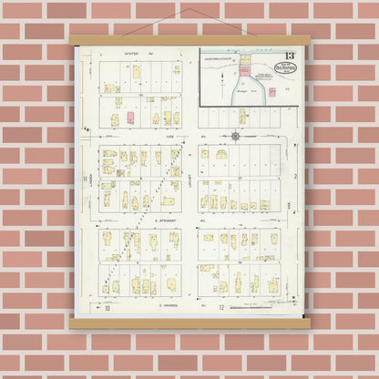 Old map wall art mockup — magnetic wood frame on brick wall — Sanborn Fire Insurance Map from Big Rapids, Mecosta County, Michigan (1914), Sheet #0013