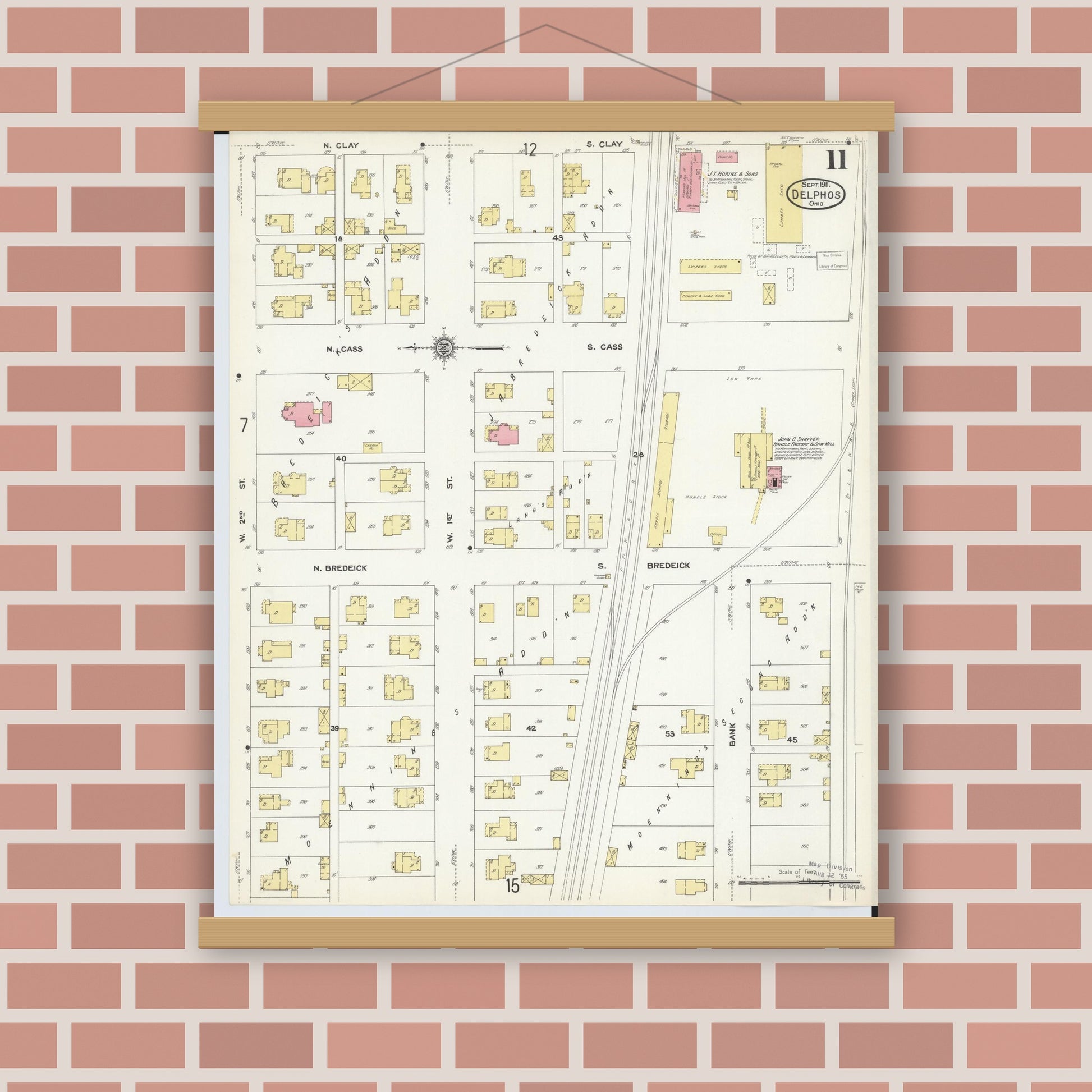 Old map wall art mockup — magnetic wood frame on brick wall — Sanborn Fire Insurance Map from Delphos, Van Wert And Allen Counties, Ohio (1911), Sheet #0011