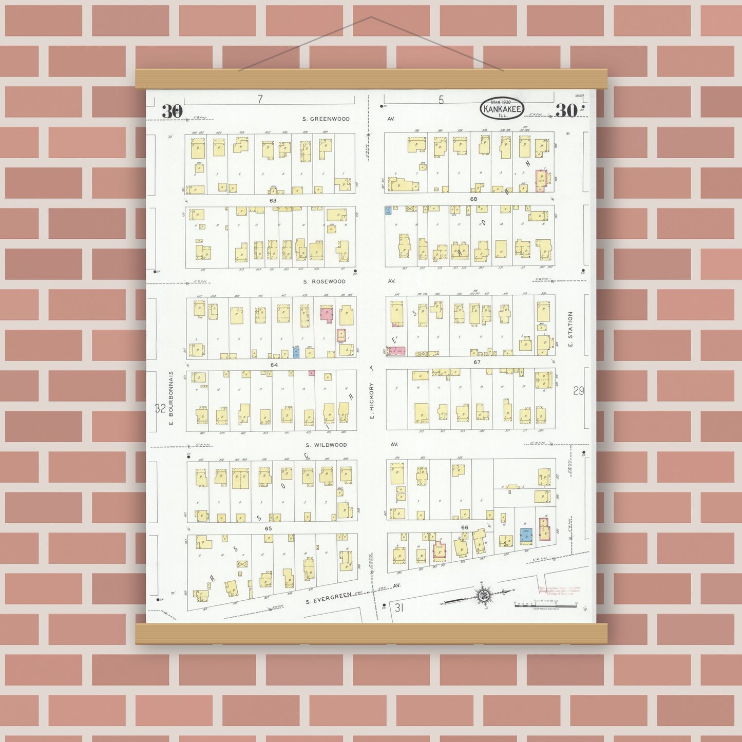 Old map wall art mockup — magnetic wood frame on brick wall — Sanborn Fire Insurance Map from Kankakee, Kankakee County, Illinois (1930), Sheet #0030