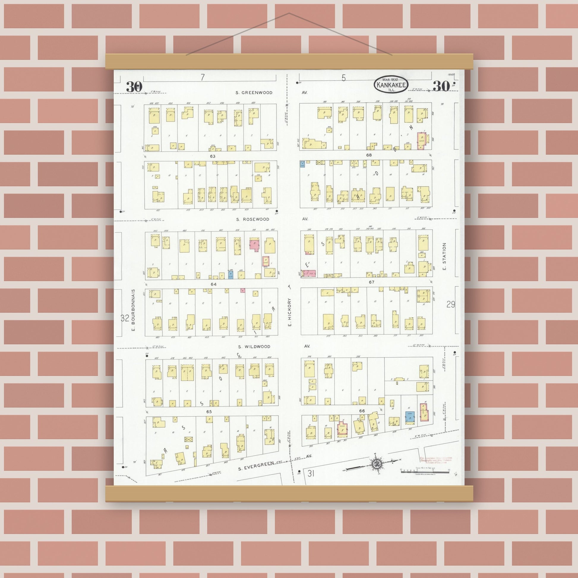 Old map wall art mockup — magnetic wood frame on brick wall — Sanborn Fire Insurance Map from Kankakee, Kankakee County, Illinois (1930), Sheet #0030