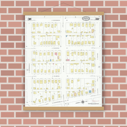 Old map wall art mockup — magnetic wood frame on brick wall — Sanborn Fire Insurance Map from Kankakee, Kankakee County, Illinois (1930), Sheet #0030