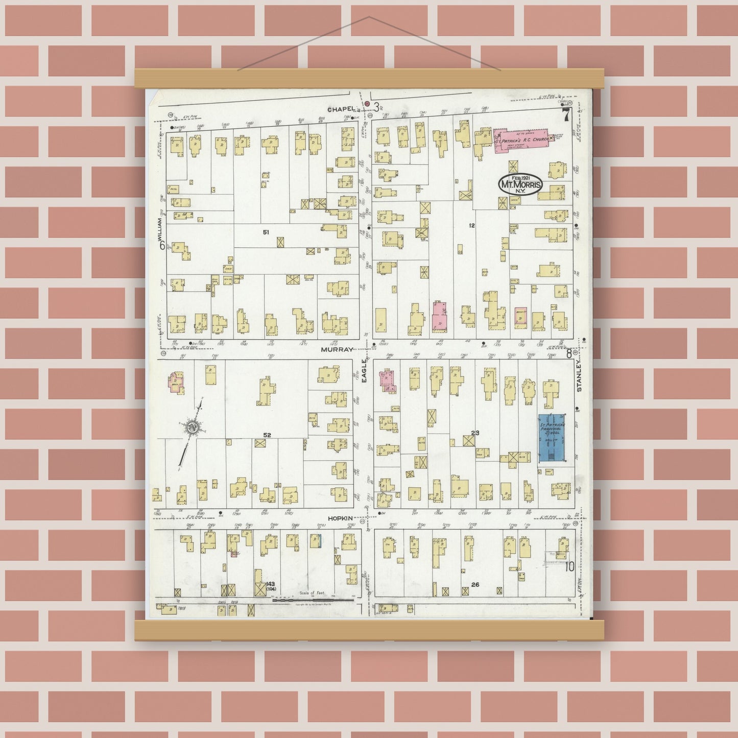 Old map wall art mockup — magnetic wood frame on brick wall — Sanborn Fire Insurance Map from Mount Morris, Livingston County, New York (1921), Sheet #0007